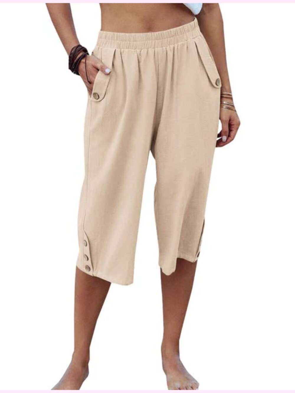 Women's Elastic Waist 3/4 Capri Harem Pants with Pockets Casual Loose Solid